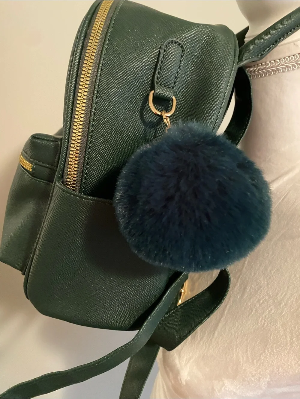 'Love' Embroidered Mini Backpack with Pom Accent in Dark Green
